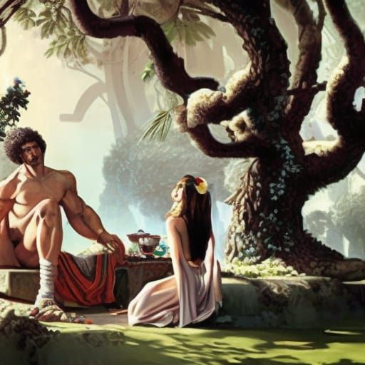 Zeus y Afrodita desayunando en el Jardín del Edén.