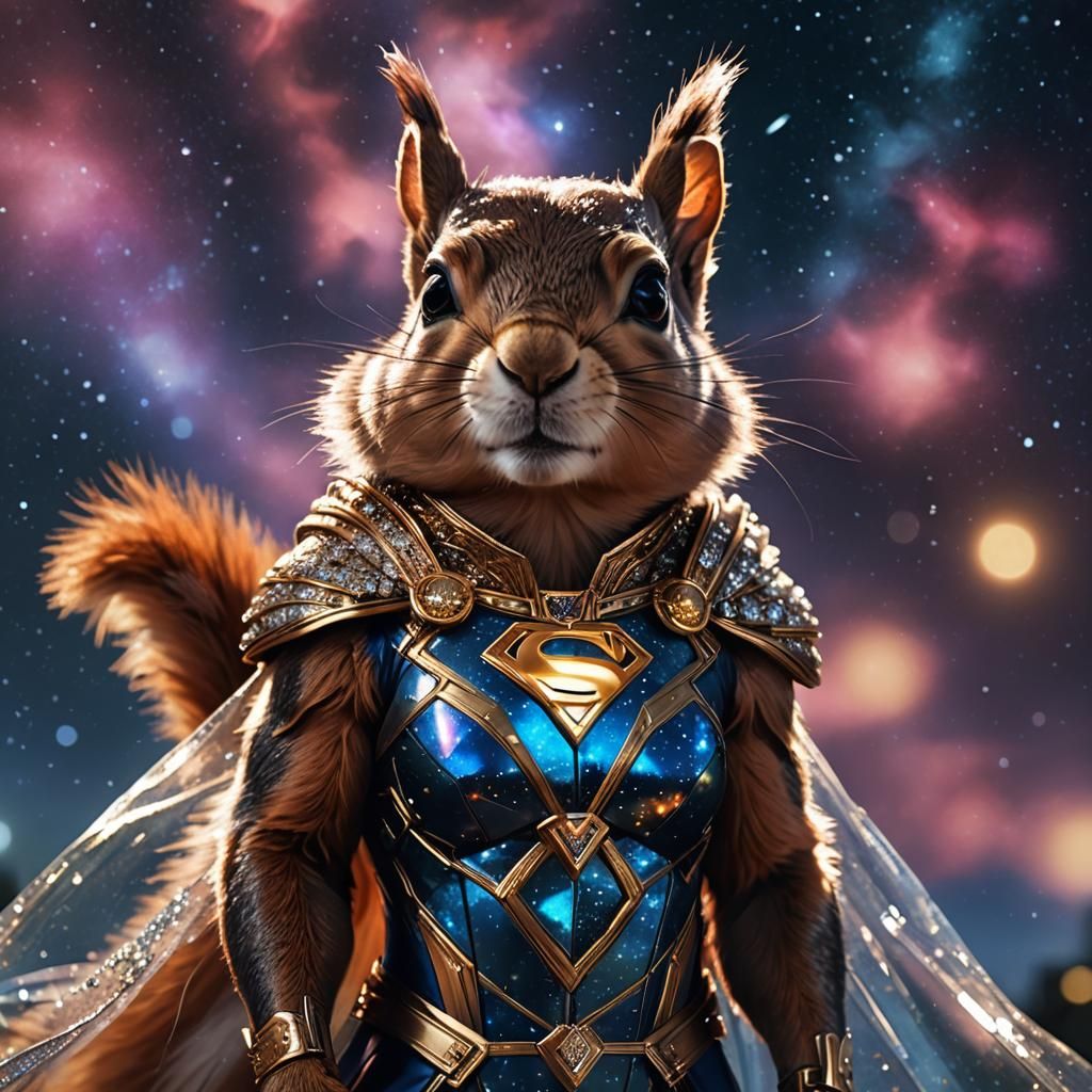 Close up portrait of a beautiful squirrel wearing an intricate transparent super-hero glass dress and ...  by @Jokavld