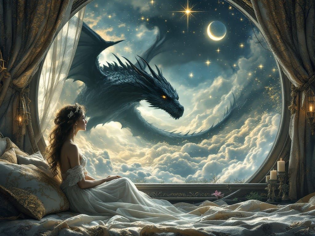 Digital art of a beautiful princess sitting in a gold and lace bohemian bedroom staring out his window ...  by @Summerchild