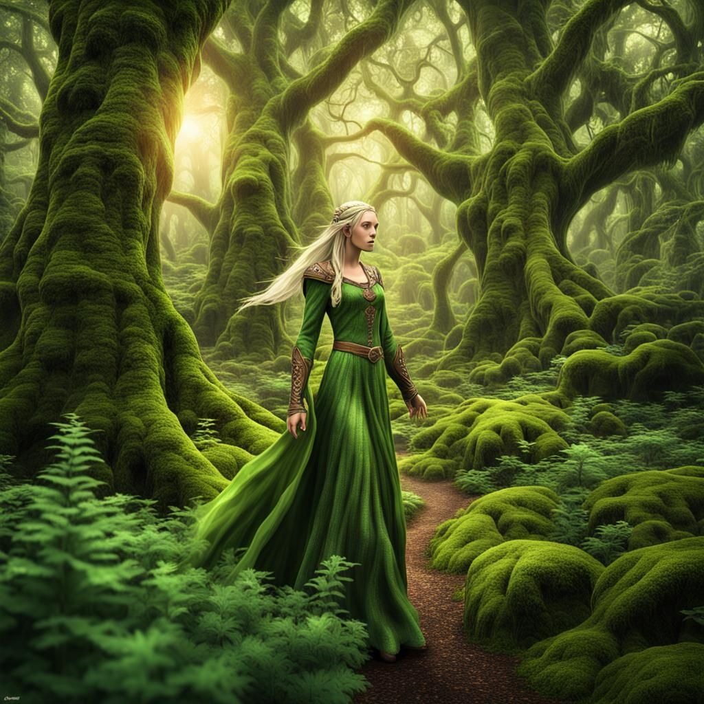 A beautiful blonde elf maiden strolling through a lush verdant ancient ...