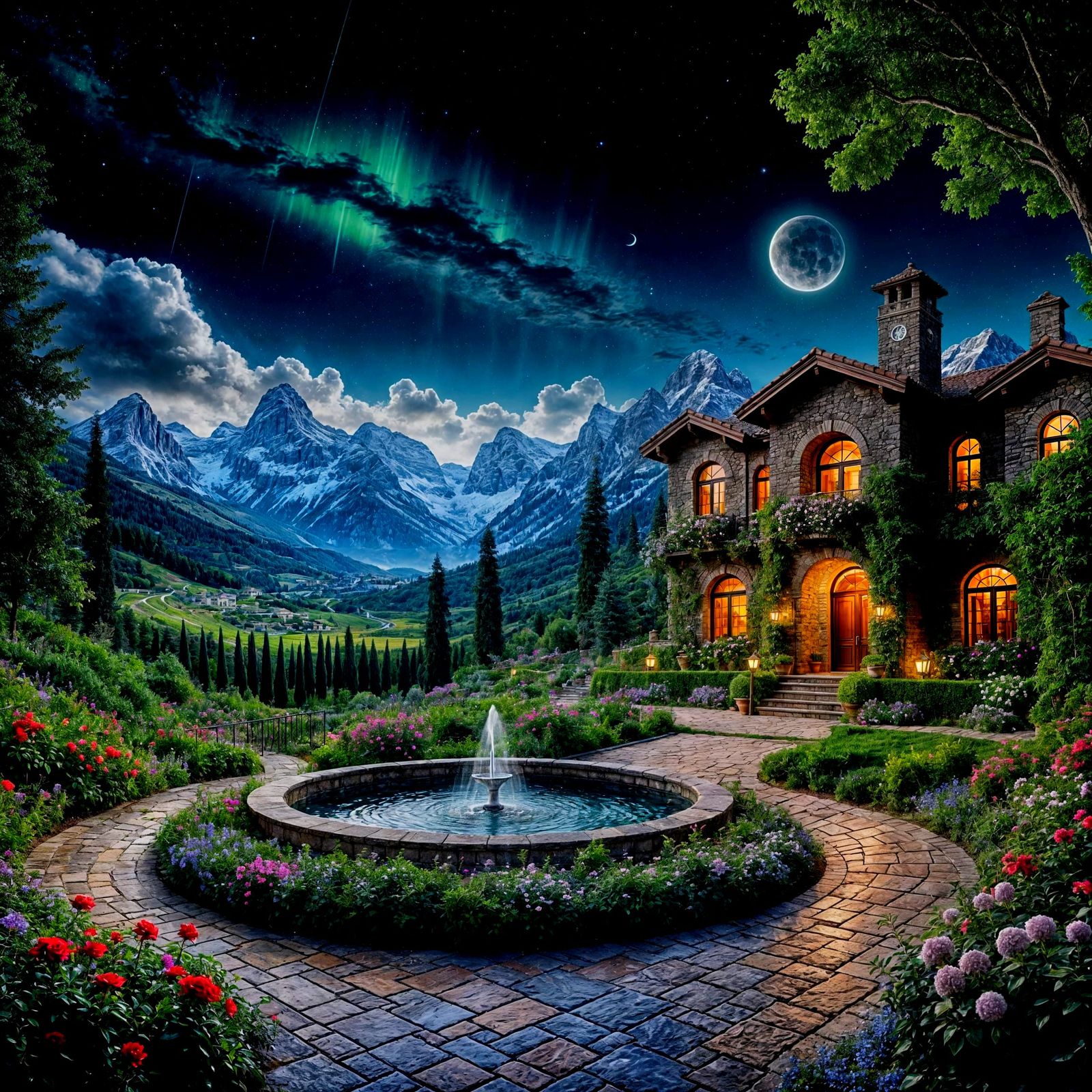 Sprawling italian villa at night <lora:SuperHyperrealismFlx:1.0> with blooming garden fountain with crystal ...  by @Outlander