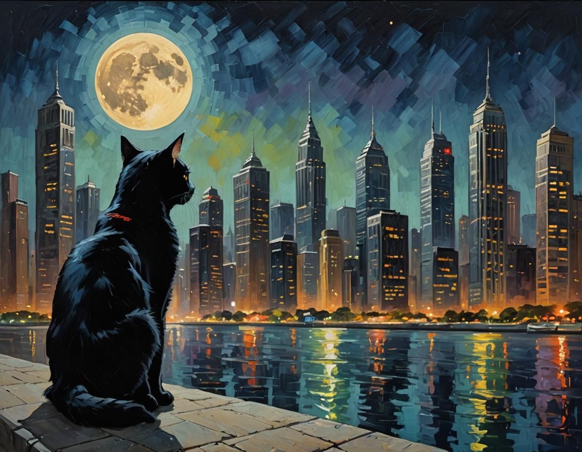 A black cat crossing in front of a full moon,in a big city   by @Smaragda Eliadou