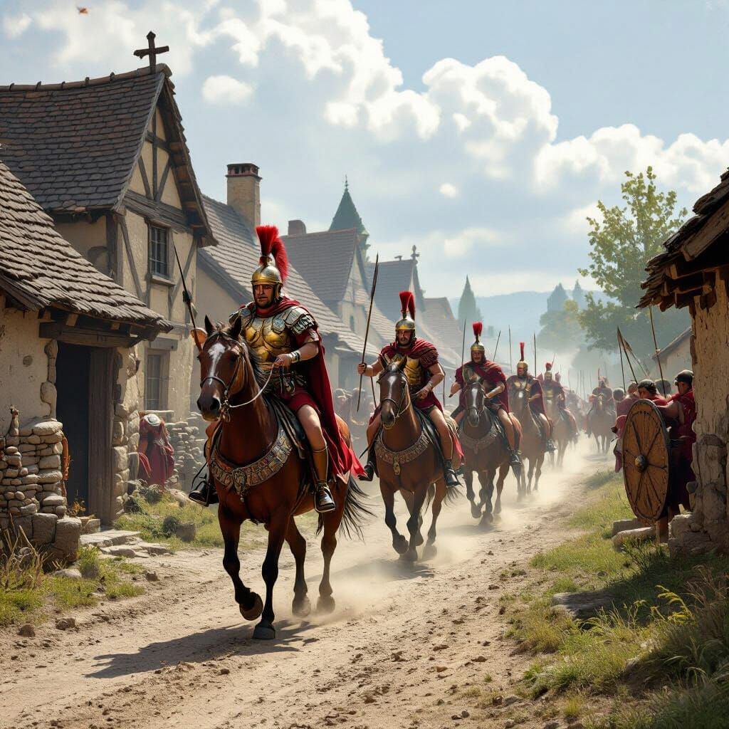 Roman cavalry riding through a deserted village in Gaul 