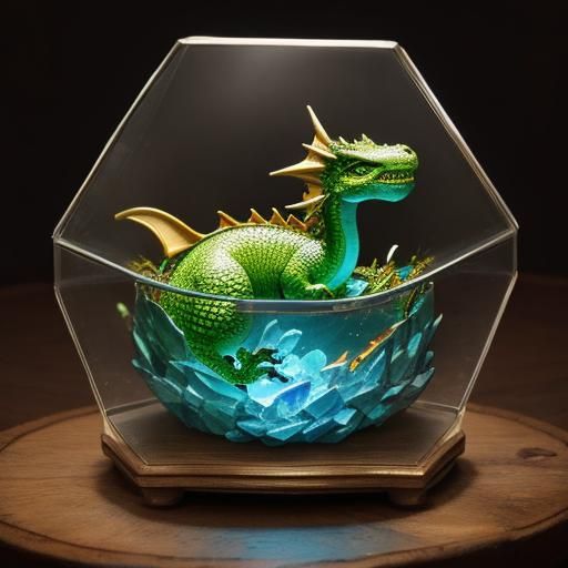 A cute miniature baby dragon sitting in a glass jewelry box overflowing
