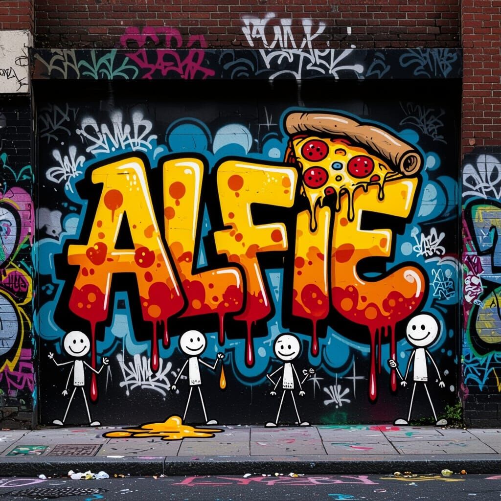 graffiti text Alfie with cheesey  peperino drippy pizza slice and stick men doodle one a street ally

