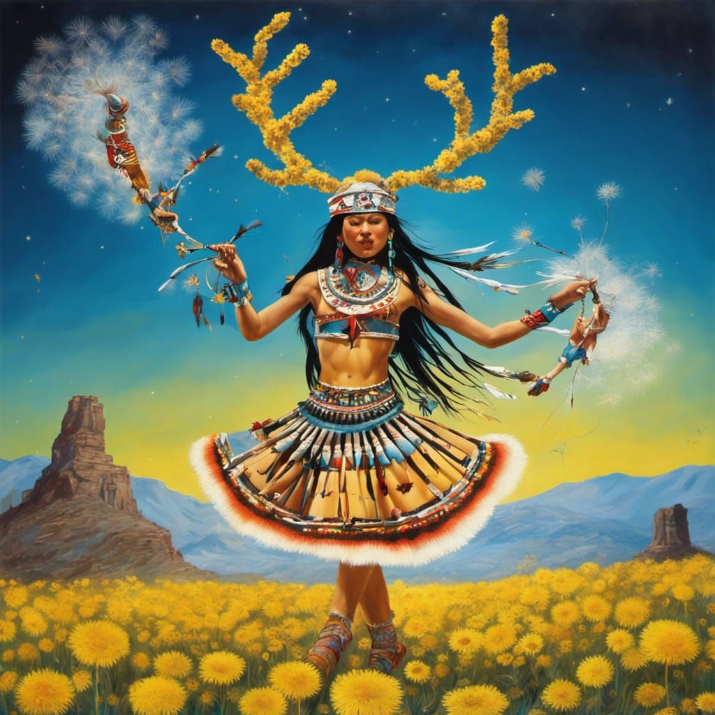 Native American jingle dancer ; dancing  kachina  with antle...