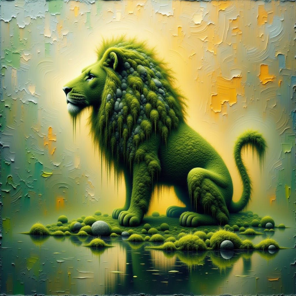 <lora:cryptogam:1.0> lion figure made from moss and mossy stones. drawing liquid oil paint on water surface. uneven rough strokes, mixed tec...