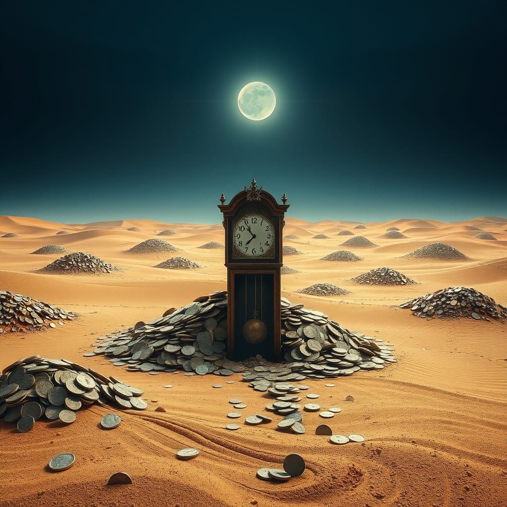 A vast, open desert landscape where dunes are sculpted from piles of coins, shimmering under a harsh sun. A single, ancient grandfather cloc...