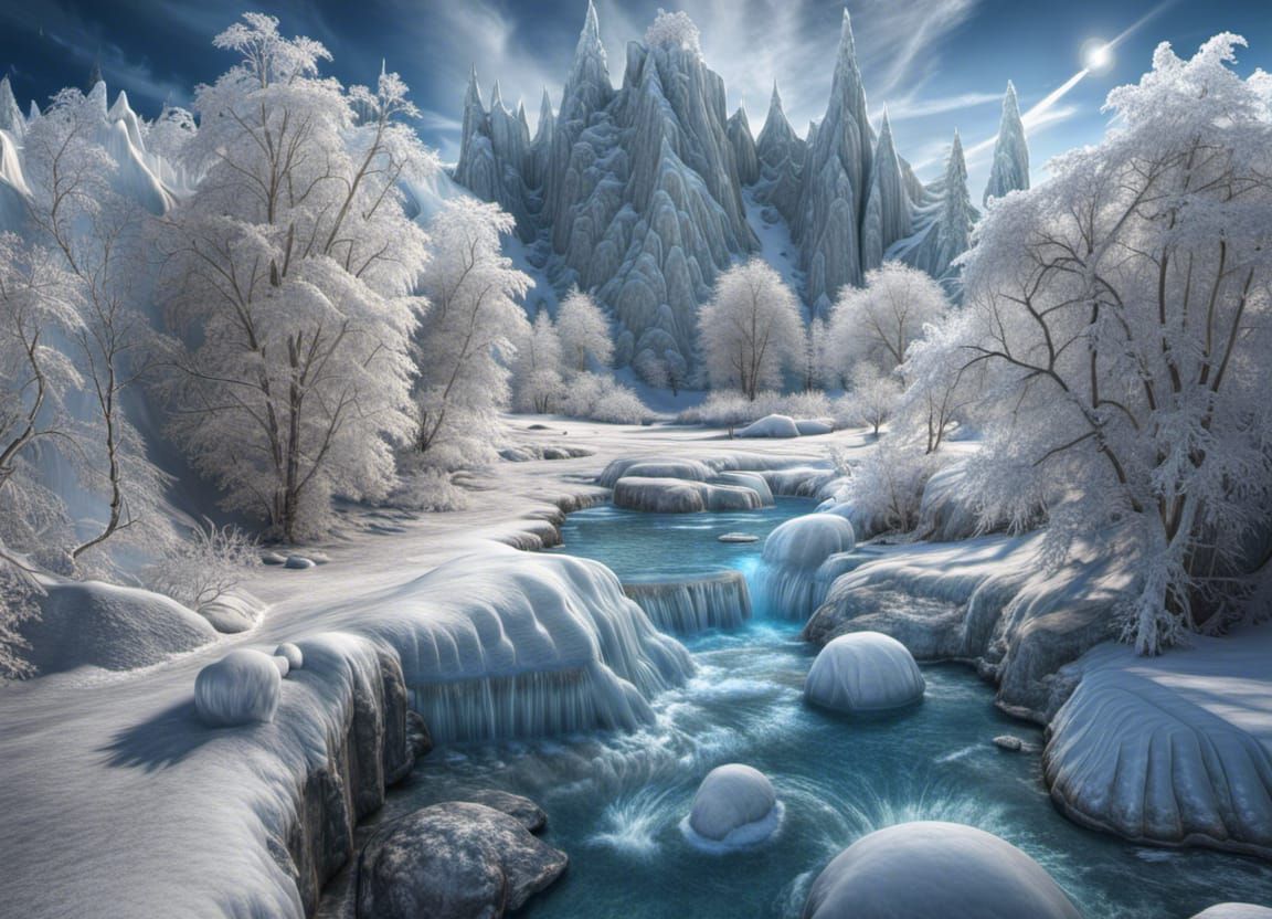Unique one of a kind icy landscape, surreal, mystical, fantasy, extreme detail, hyper detailed, award ...  by @Karen M