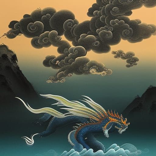 An awe-inspiring Chinese mythical creature, the dragon, risi...