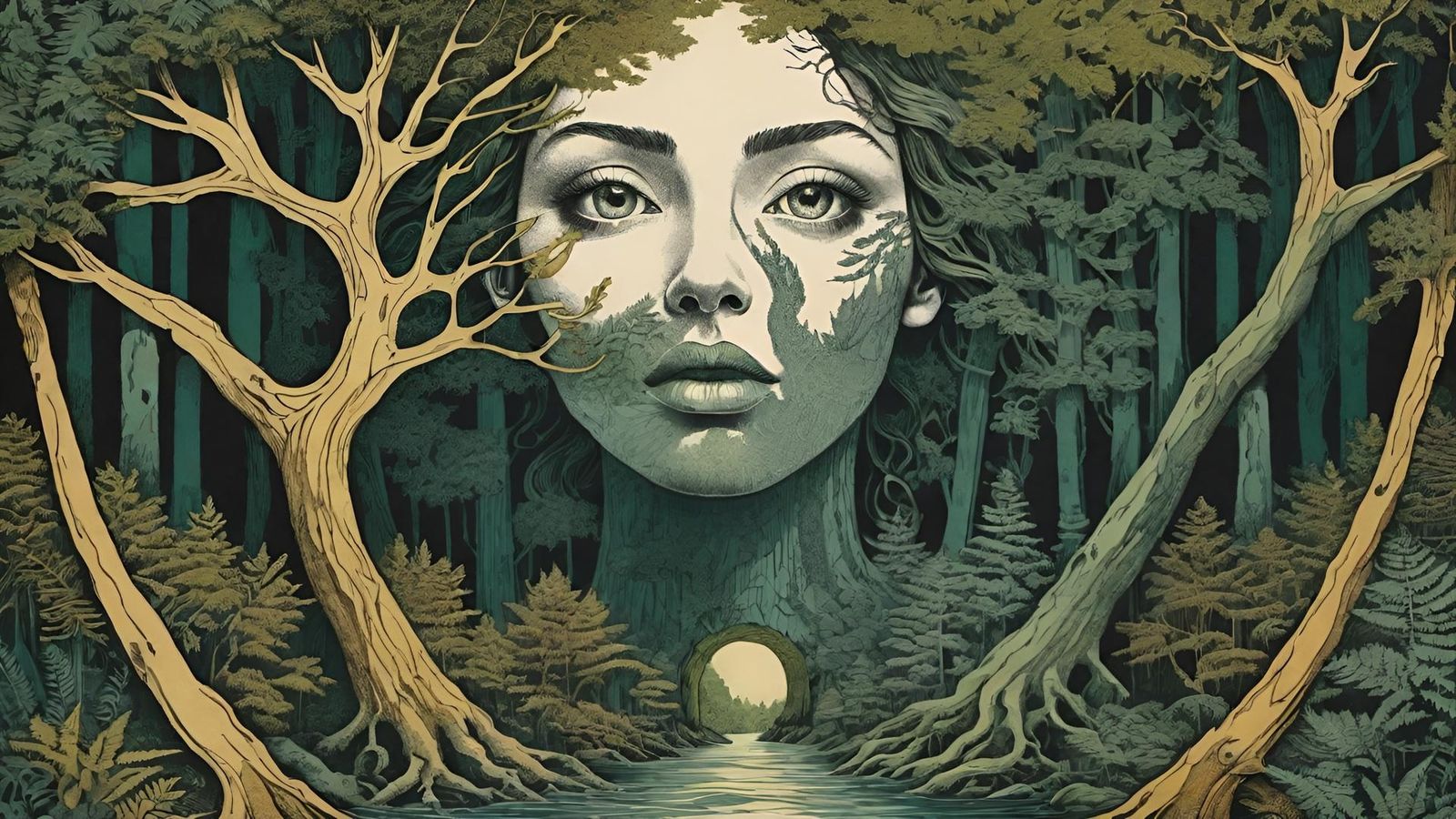 Optical illusion of a woman face with river and forest.