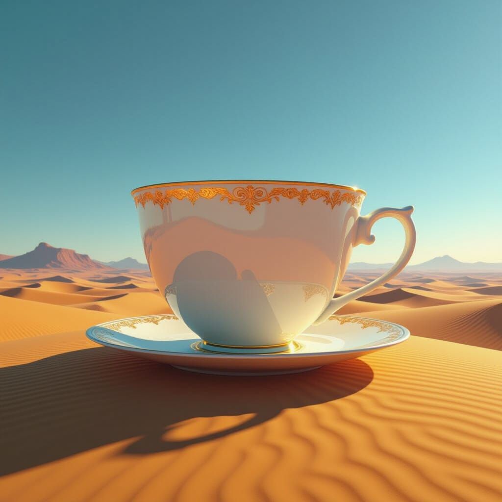 Giant Teacup in Desert Landscape