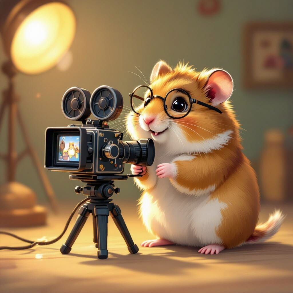 Fluffy Hamster Films Movie with Vintage Camera