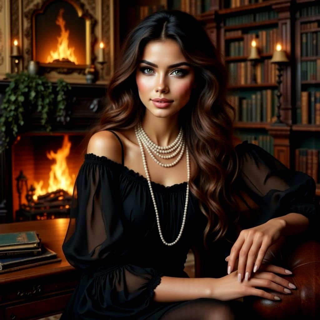 A portrait of a woman wearing a black dress and pearls, sitting in front of a fireplace, The background should feature a library or living r...