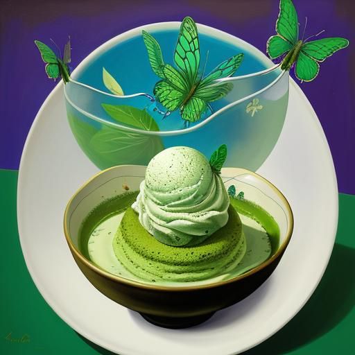 Matcha mint ice cream in a bowl with green butterflies.