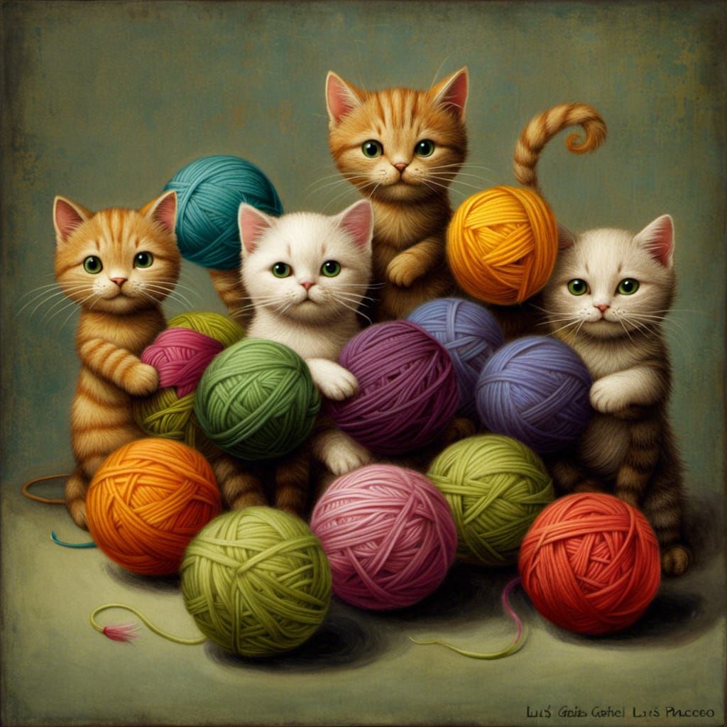 five cute cats play with colorful balls of wool, by Luis Gabriel Pacheco, Naoto Hattori and Jean-Baptiste ...  by @Tina auf der Blumenwiese