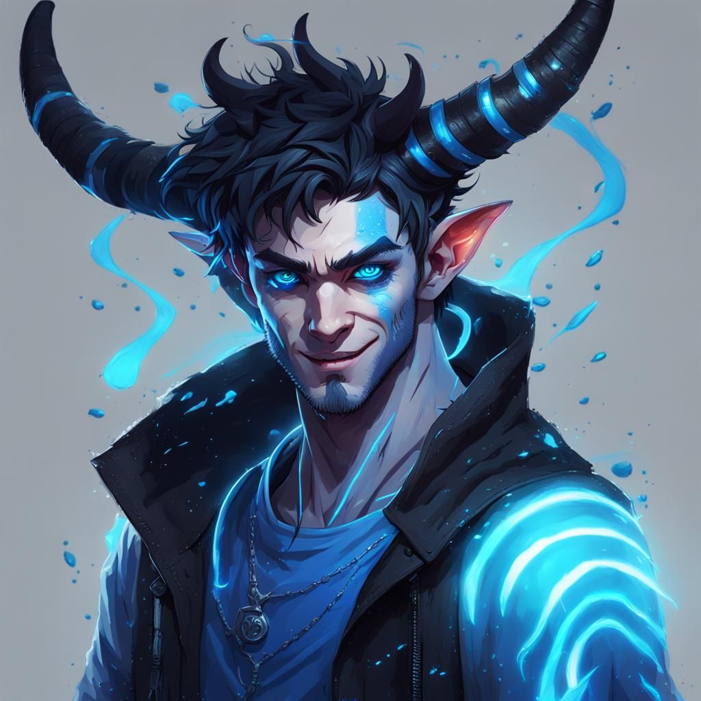 Male Demon With Black Short Messy Hair With Neon Blue Tips He Has Blue Eyes With Black Scleras 3301