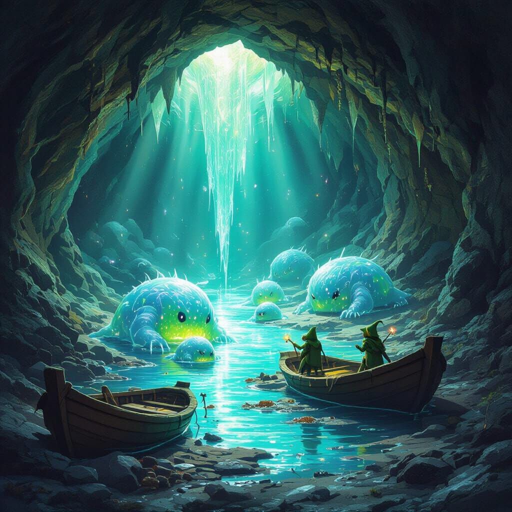 In an underground cavern with a softly glowing stream and some ancient broken boats, a few coloured, crystal slime monsters search for grubs...