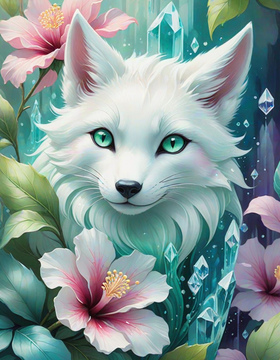Mischievous Kitsune in Crystal Hibiscus: Watercolor Art