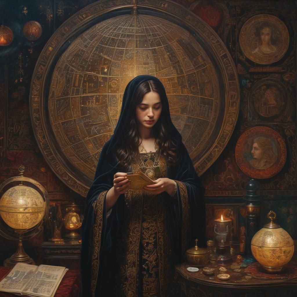 Mystic Woman with Astronomy Globe: Neo-Impressionism Oil Pai...