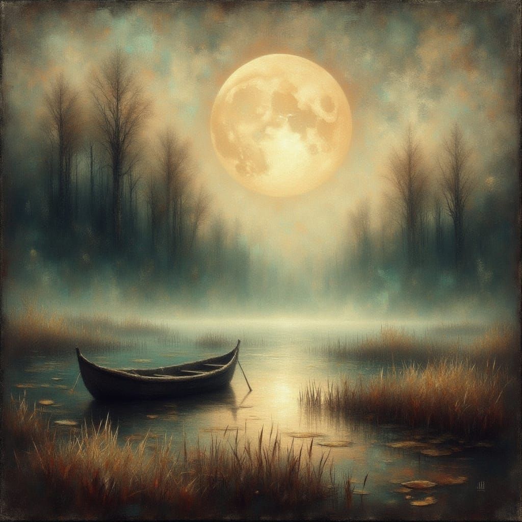 <lora:Grungy Impasto:1.0> misty hazy bay in fall with a moody full moon grungy textured gritty acrylic oil Impasto Impasto oil in the style...