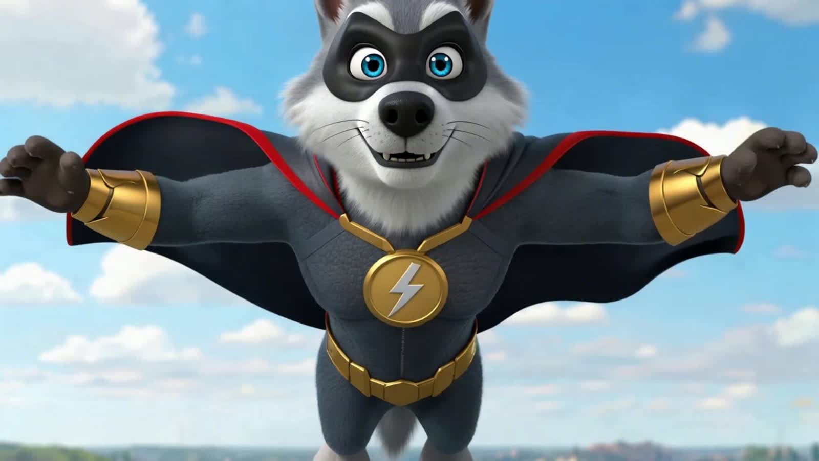 Gray wolf named "Wolfie" in a super hero costume, with a cape and a mask, very happy looking,  flying towards the screen...