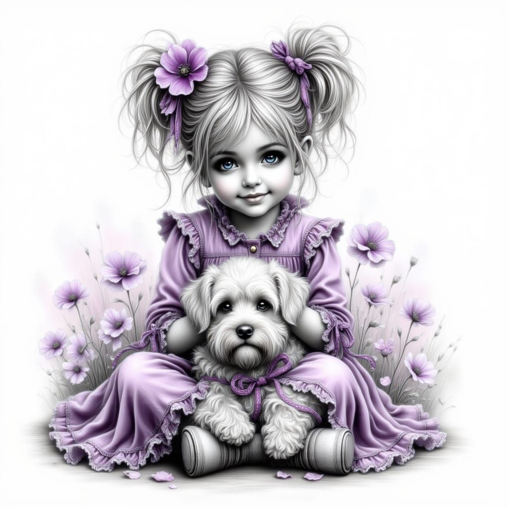 Adorable Girl with Puppy in Purple Theme