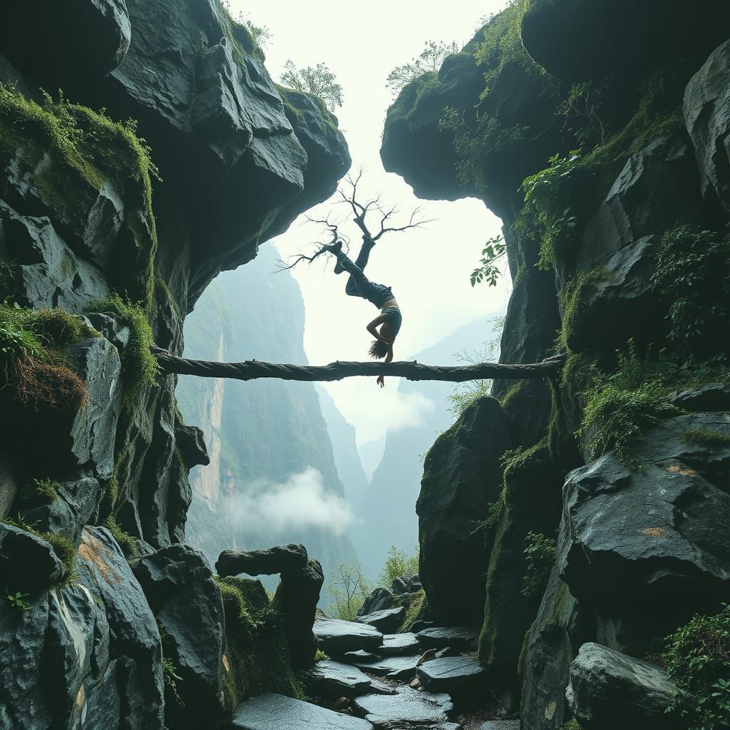 inverted traversal on an infinity-shaped trail bridge