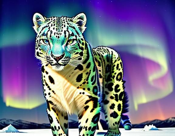 <lora:CreaturesNCharacters:1.0> A Perfect Specimen Snow Leopard in icy tundra : Glowing Aurora Galaxy Sky