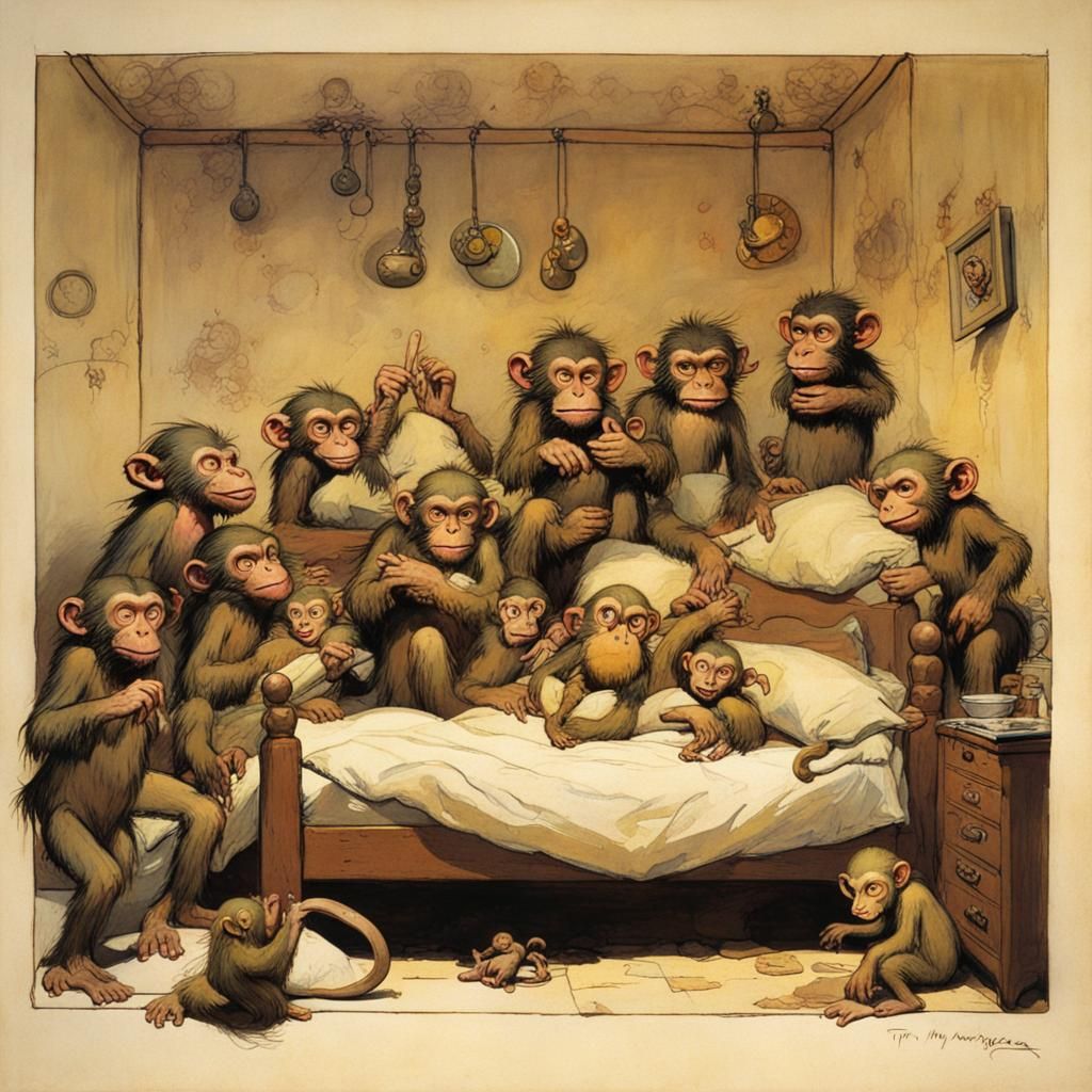 ten monkeys in the bed, - AI Generated Artwork - NightCafe Creator