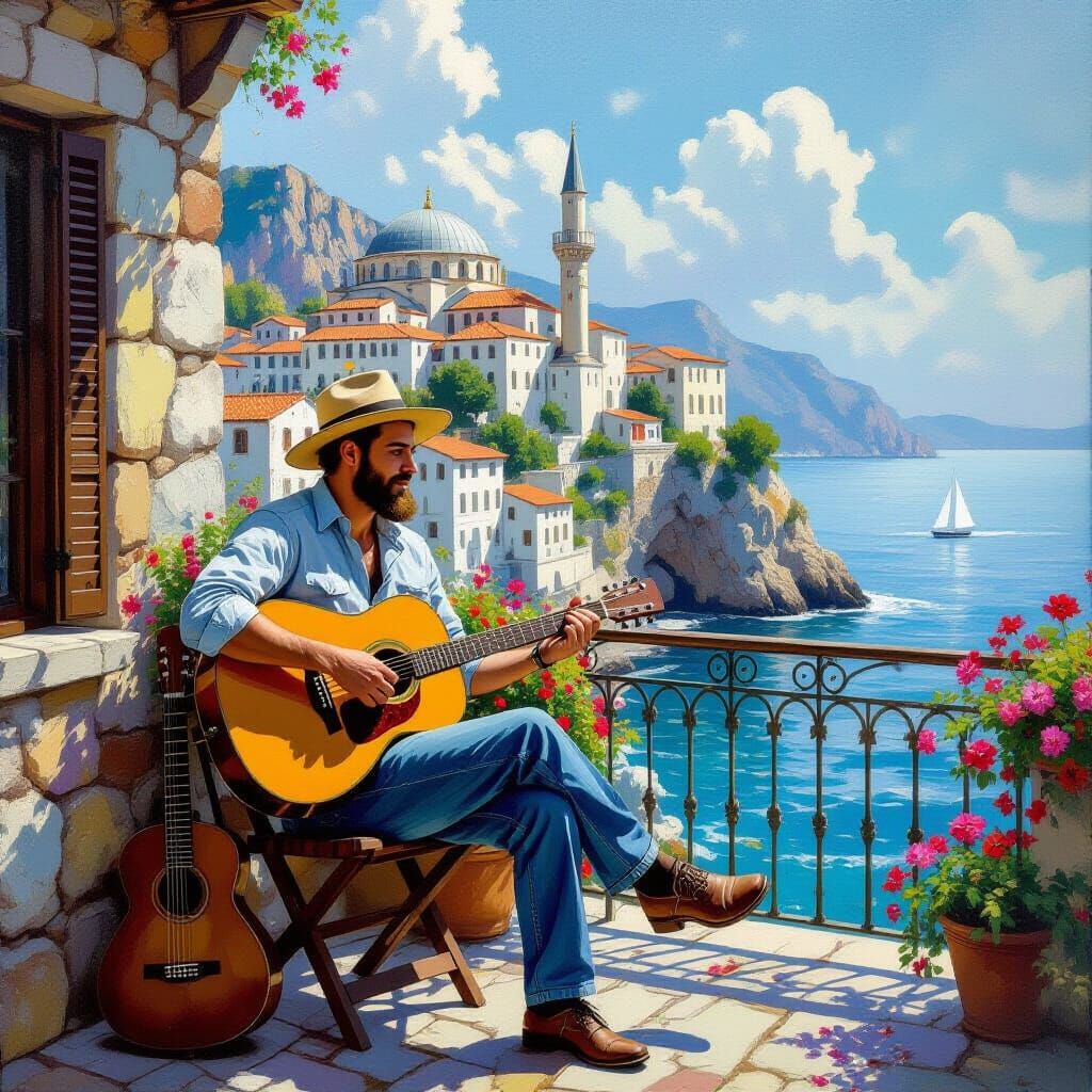 Musician With Guitar on Castle Balcony Overlooking Sea