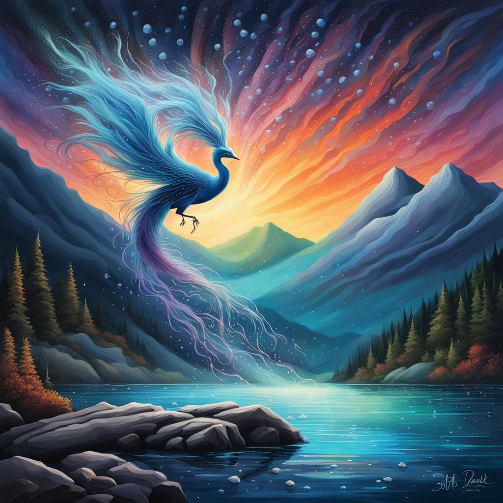 A wispy water spirit pirouettes in the dark of night, illuminating a mountain   by @Gghope03 