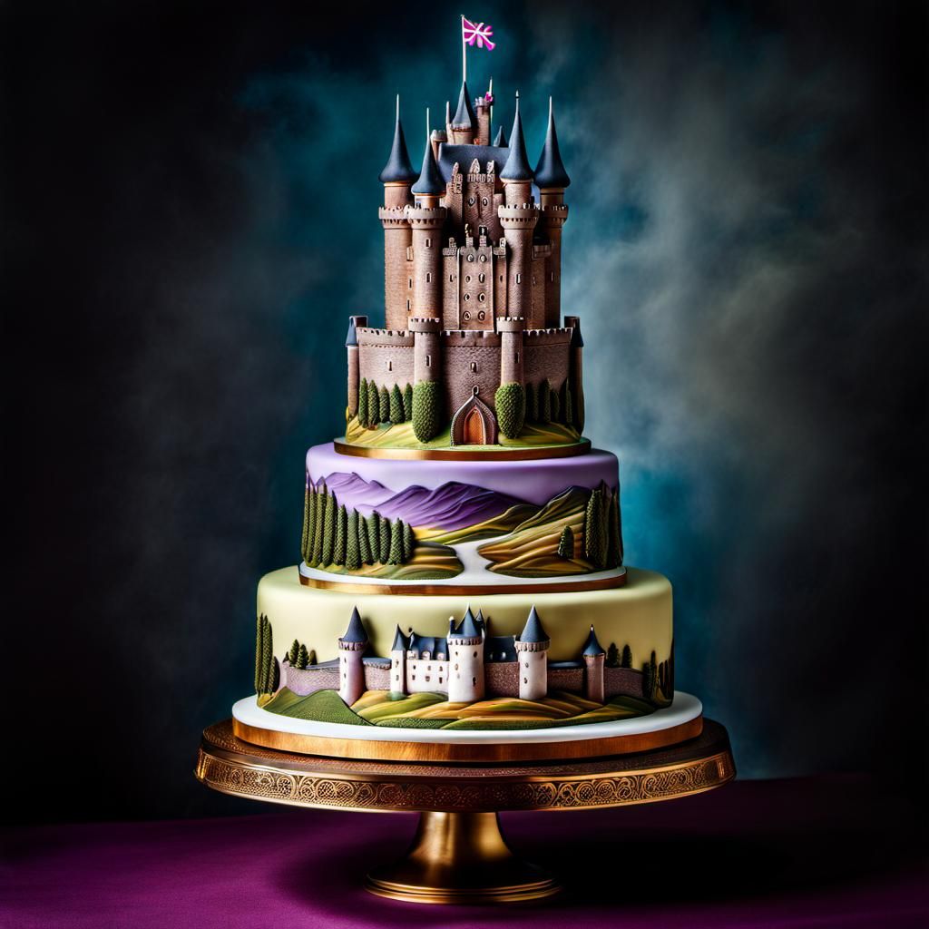 Elaborate Scottish Highland Cake with Miniature Castles