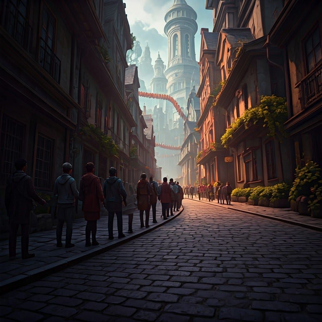 Fantastic Domino Run Along Winding Street in Fantasy Art