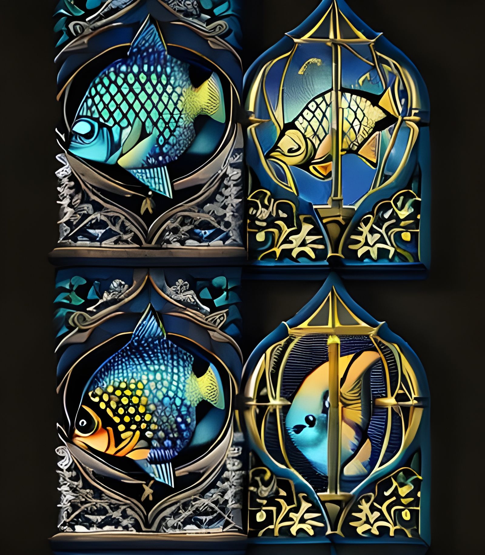 a set of four decorative lanterns with fish in them, differe...