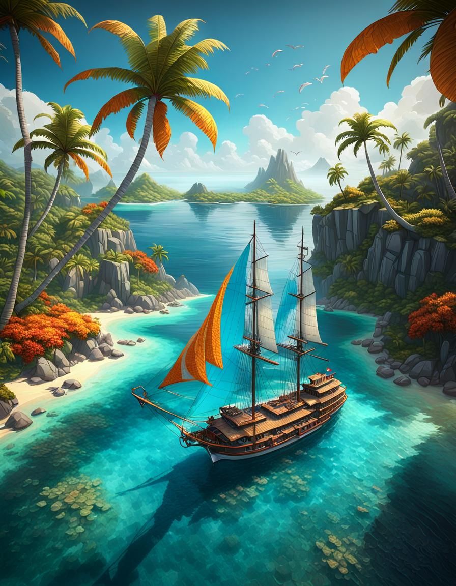 Tropical Island Sailing Ship in Art Deco Style