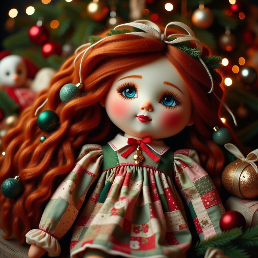 <lora:Ragdoll:1.0>a holiday themed ragdoll made out of silk and satin, quilt pieces, finely sewn patchwork and luxurious silk threads for ha...