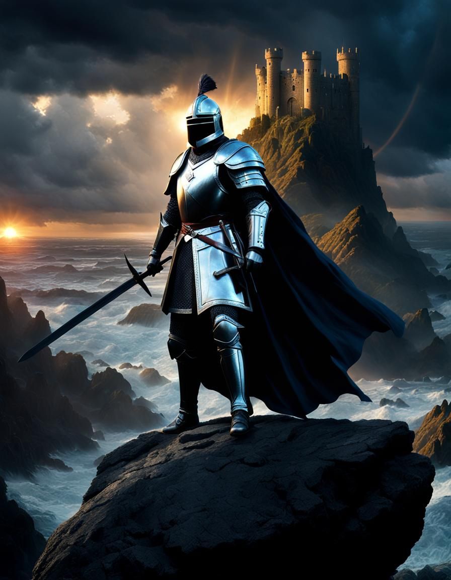 Full-length photo of a medieval knight in armor, handsome, 35 years old, long blonde hair, blue eyes; with sword in hand defending the pass...