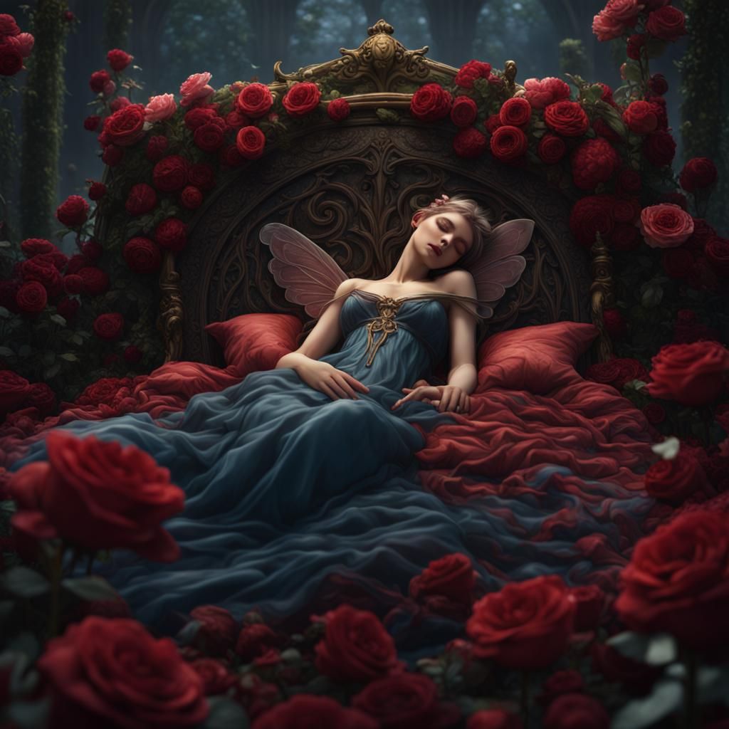 A fairy sleeping on a bed of roses