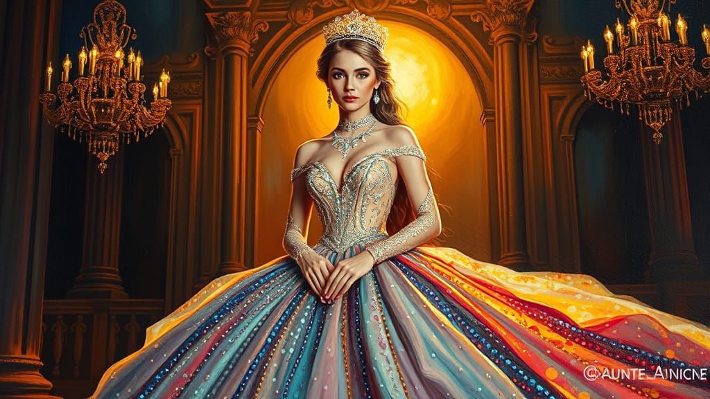 Regal Queen in Shimmering Gown as Neo-Impressionist Oil Pain...