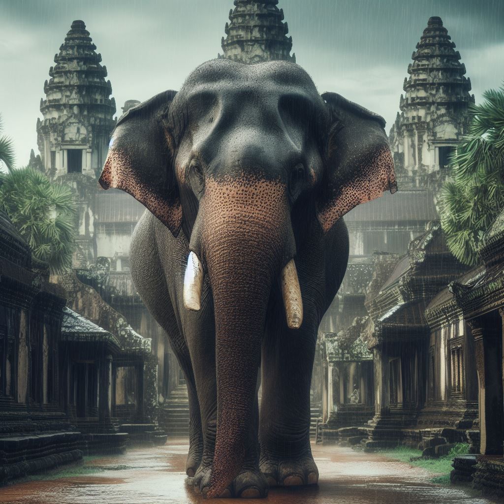 Elephant standing in front Angkor wat Cambodia; bigger eleph...