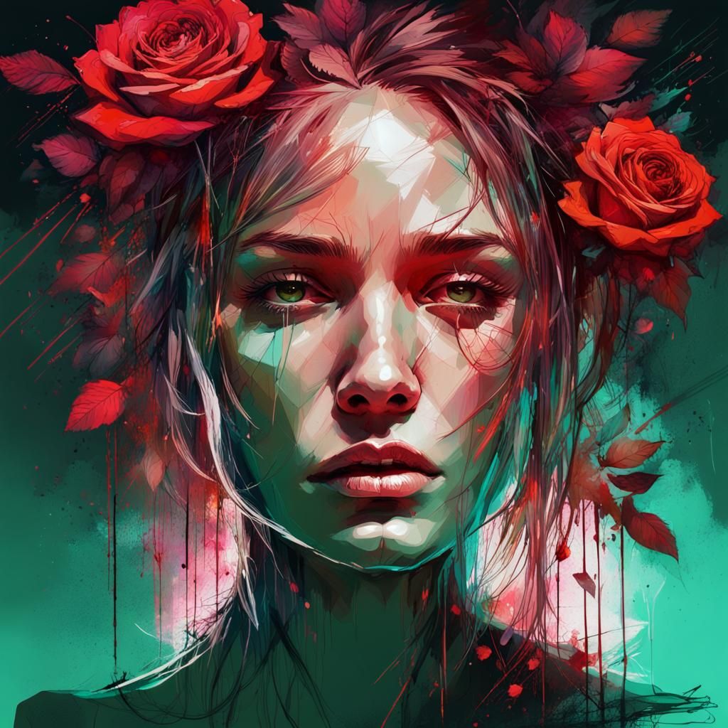 Carne griffiths, glowing neon girl, blooming roses in the da...