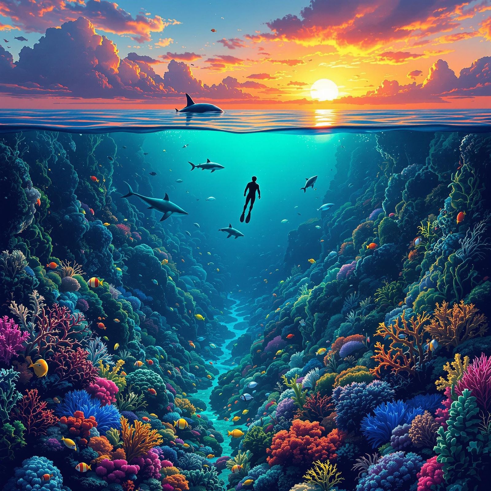 Futuristic Oceanic Dreamscape with Diver and Marine Life
