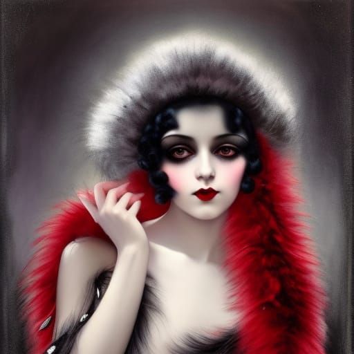 glamorous 1920's big-eyed goth girl draped in red fur coat. Fashionista ...