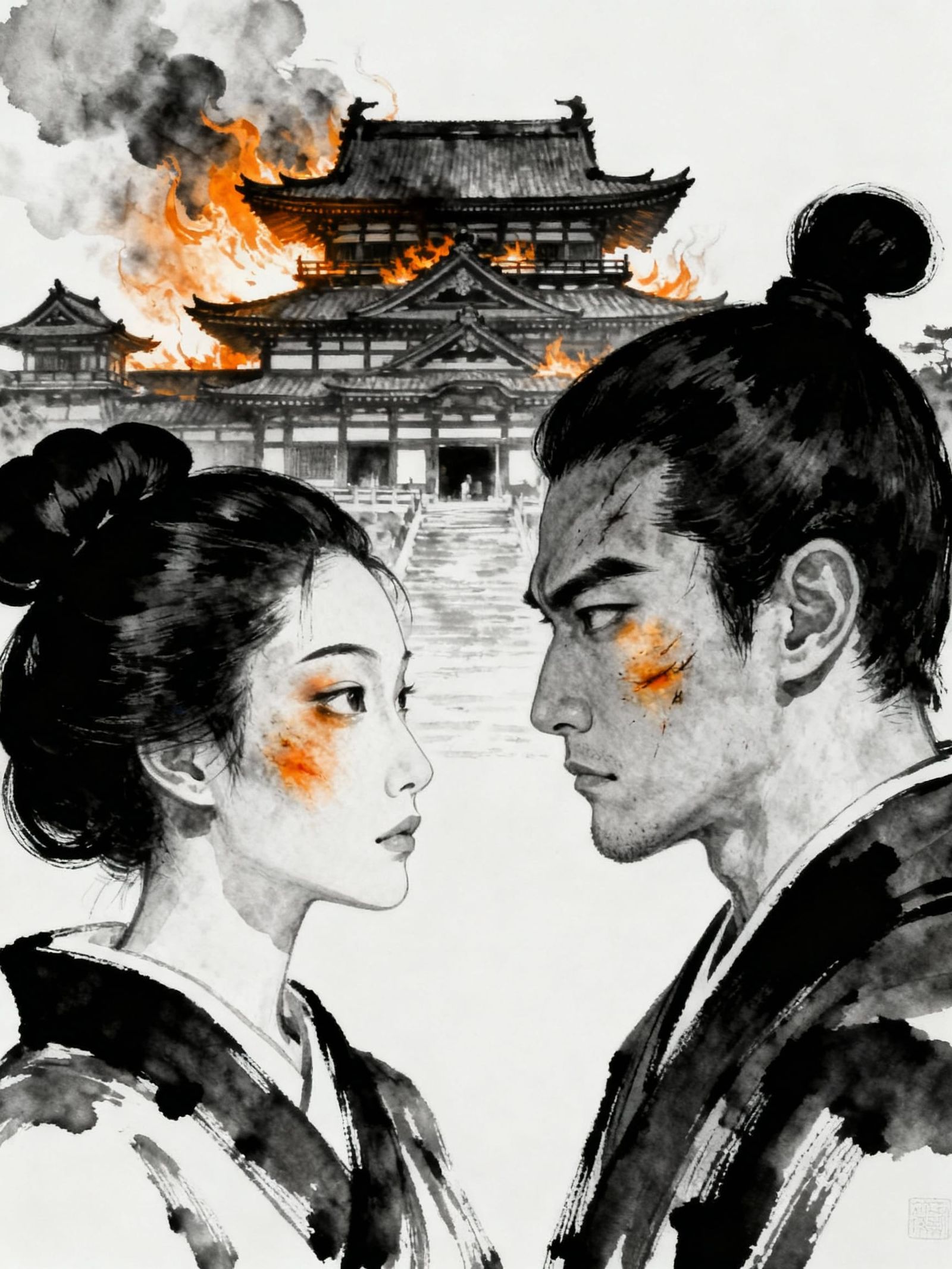 Characters Face Off Amidst Burning Medieval Japanese Palace