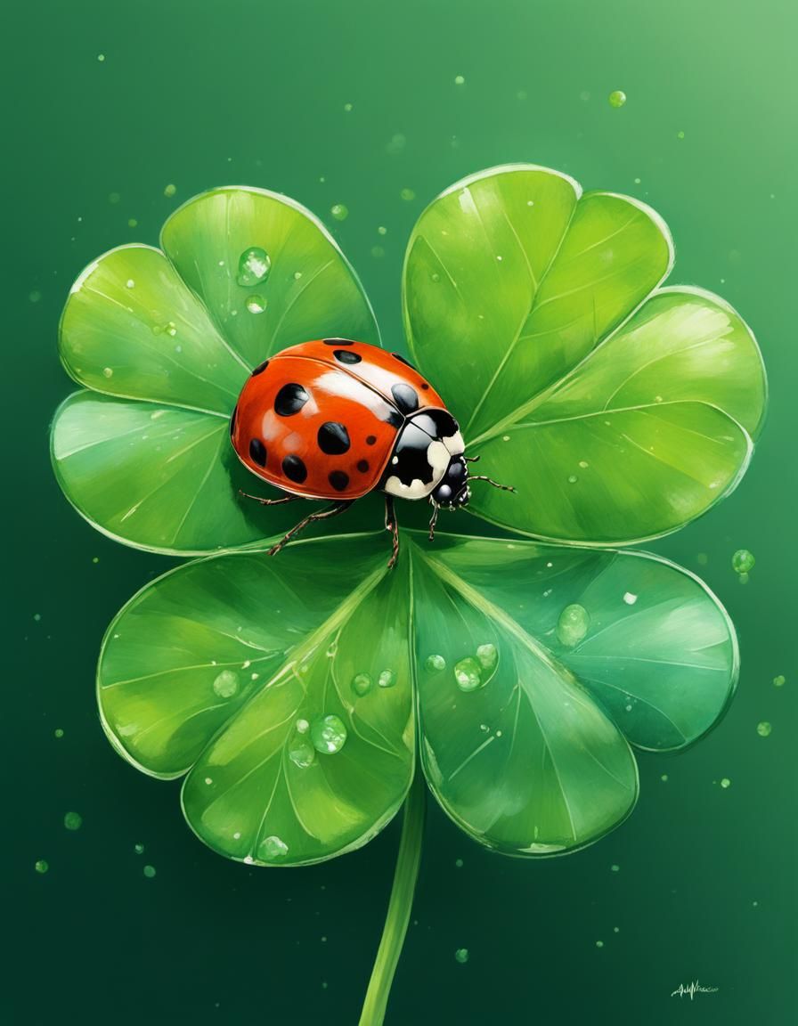 🍀 a four-leaf clover with a ladybug 🐞 sitting on it.
