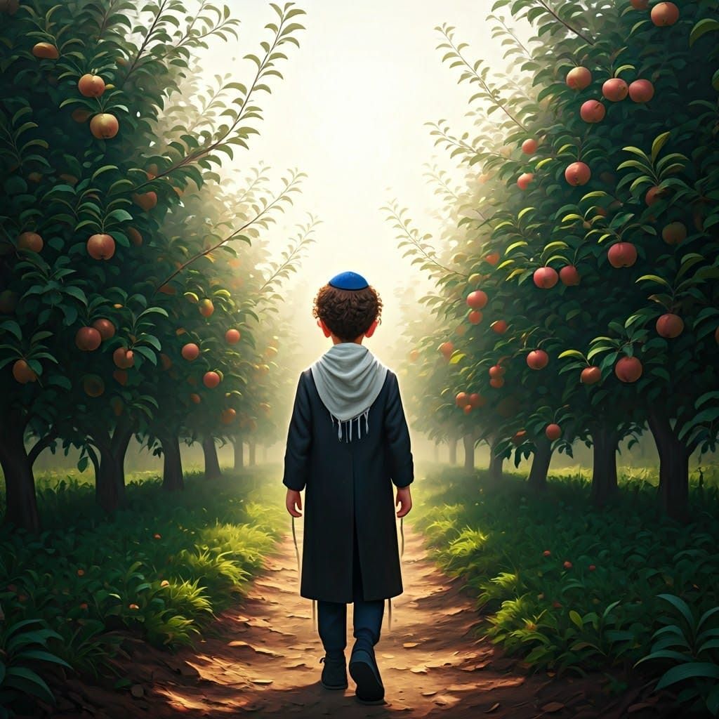 Traditional Chassidic Boy in a Vibrant Orchard