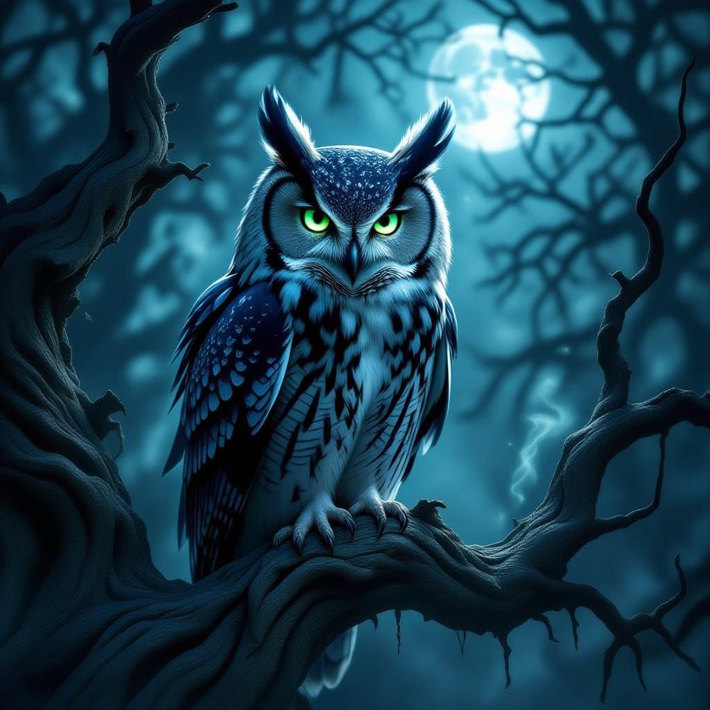 Dark fantasy concept realism. A mesmerizing realistic majestic owl with obsidian feathers and glowing emerald eyes, perched on a gnarled, an...