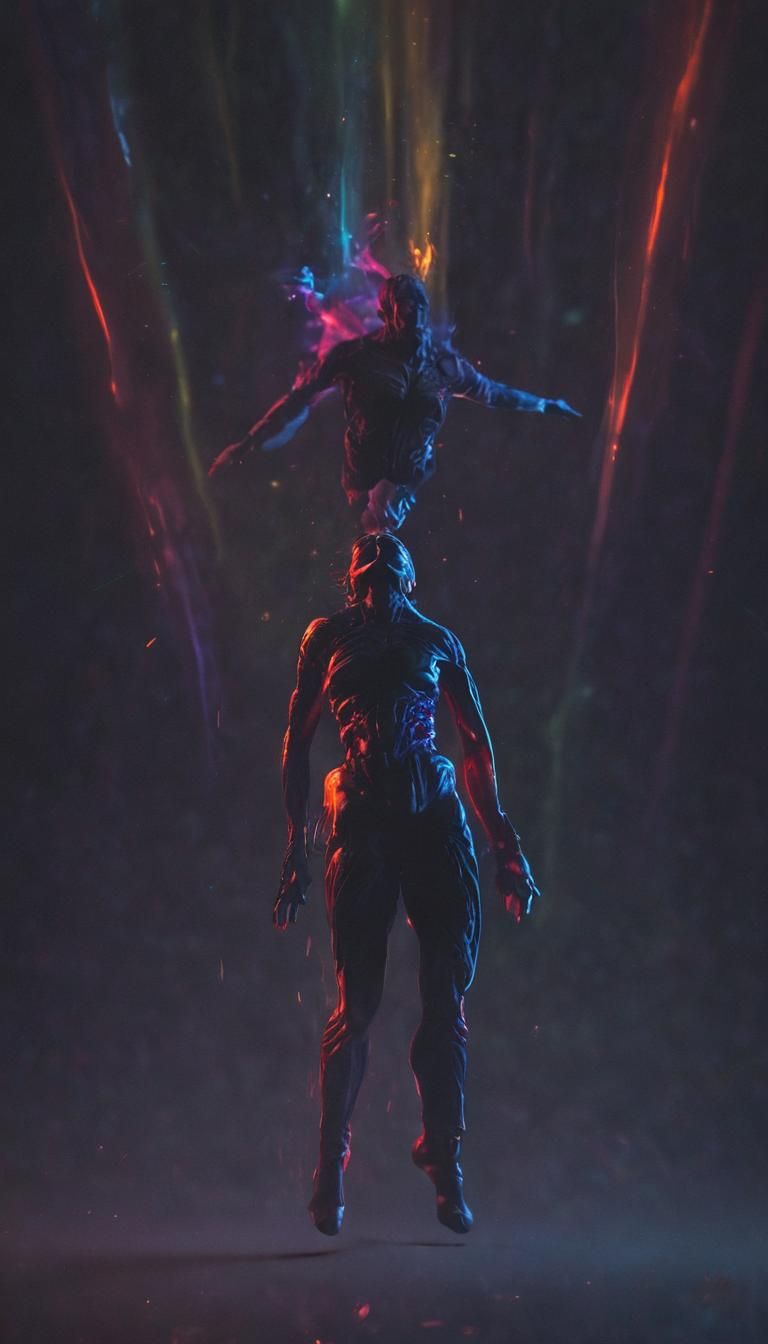 Matte painting, bio luminous colors of the rainbow. Glowing in the dark, streaks of light. Goodbye, my love. May we meet again. Heaven is cl...