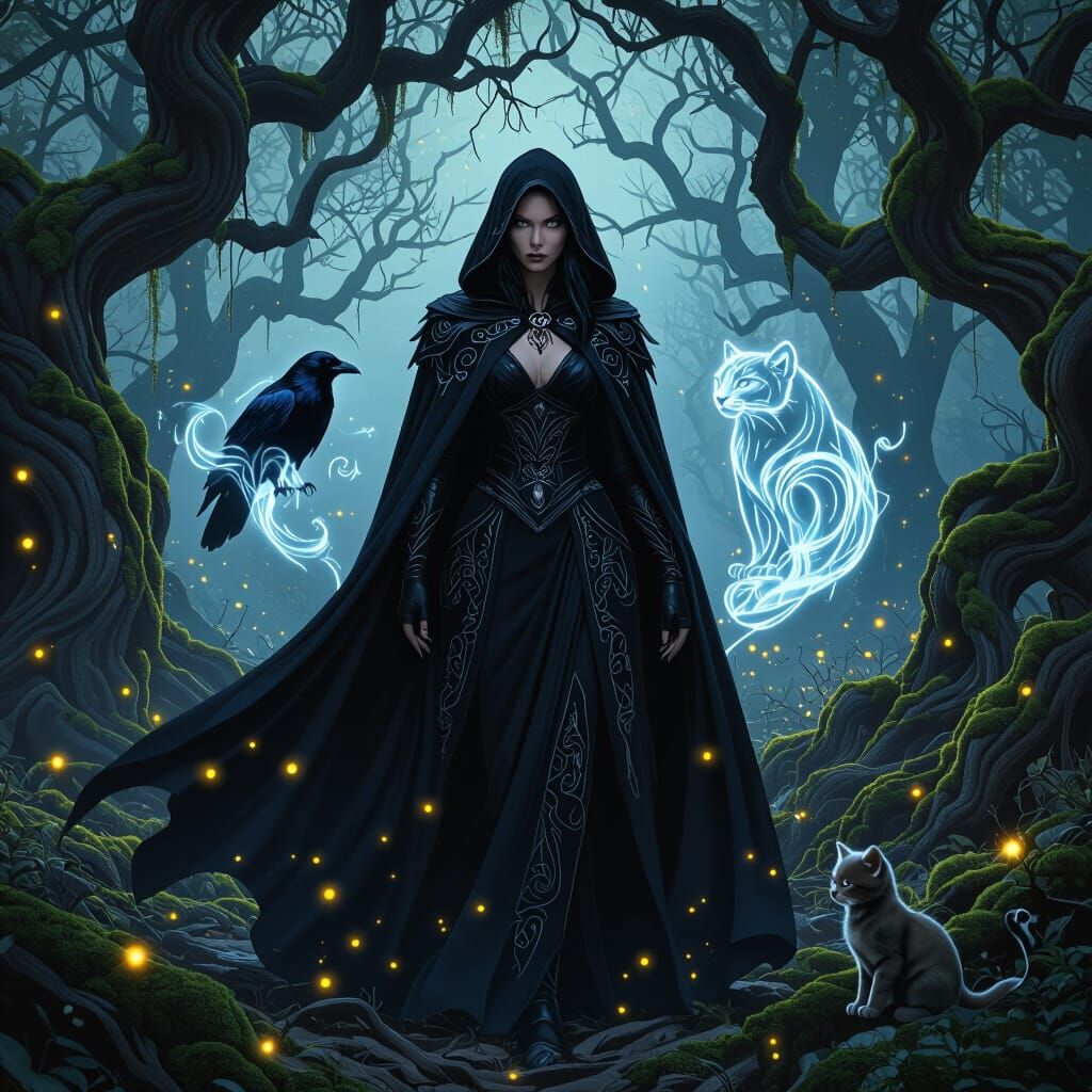 Raven from DC Earth One stands in a twilight forest, her dark cloak blending seamlessly with the shadows. Spirit animals of a raven, mountai...